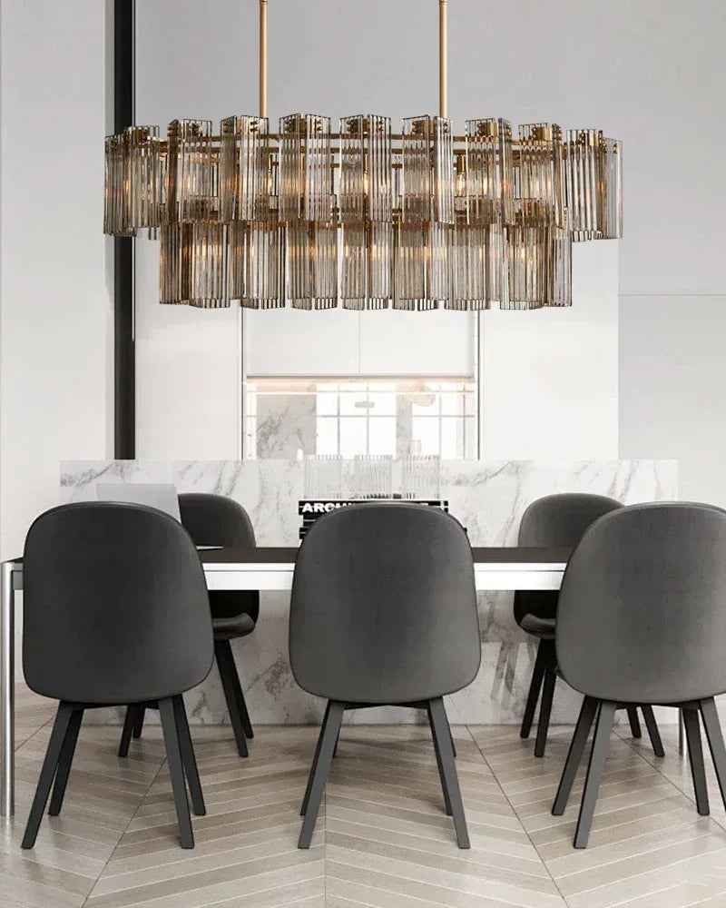 Saint-Cirq Series Refractive Chandelier | Rectangular Tier Reeded Clear and Smoke Glass Panels with Steel, Brushed Black or Brass for Dining Rooms and Entryways American chandelier