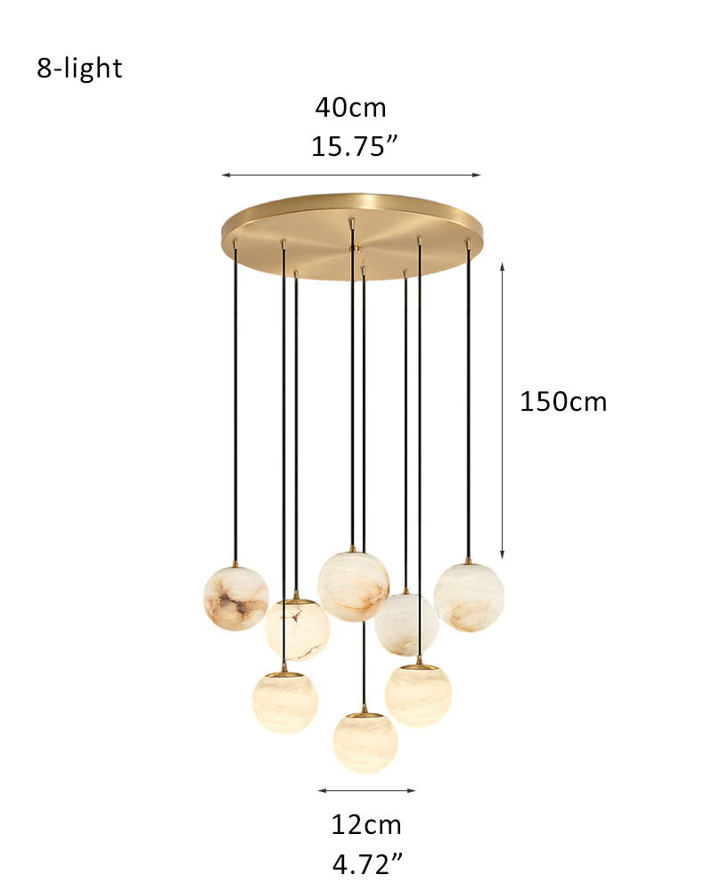 Dimensions of 8-light marble pendant lamp cluster with gold ceiling mount.
