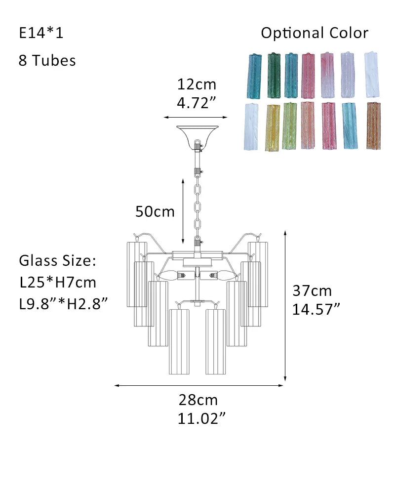 Modern Colored Murano Purple Glass Tube Tronchi Chandelier P-D28*H37CM D11"*H14.6"(8 tubes) Purple Glass + Silver Frame American chandelier