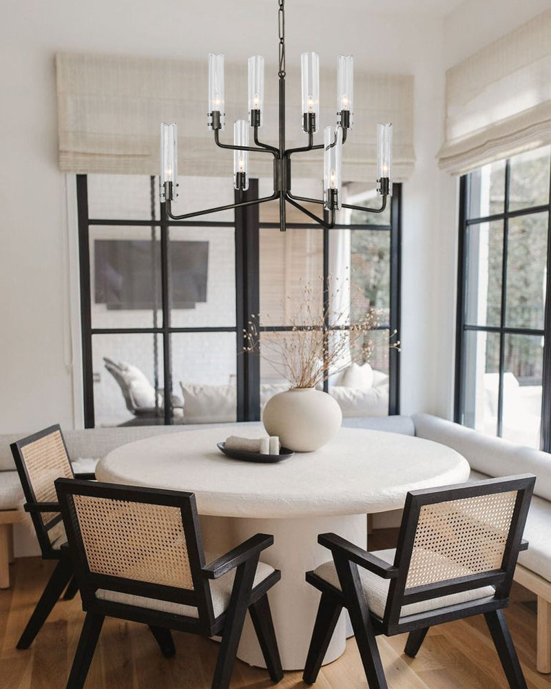 Brushed Chrome Metalwork Chandelier with Textured Slender Clear Glass Cylinders