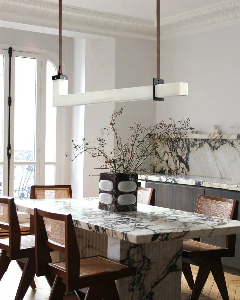 Up & Down Lighting Linear Brown Leather Alabaster Linear Pendant Lights Long 39“ 47” American chandelier