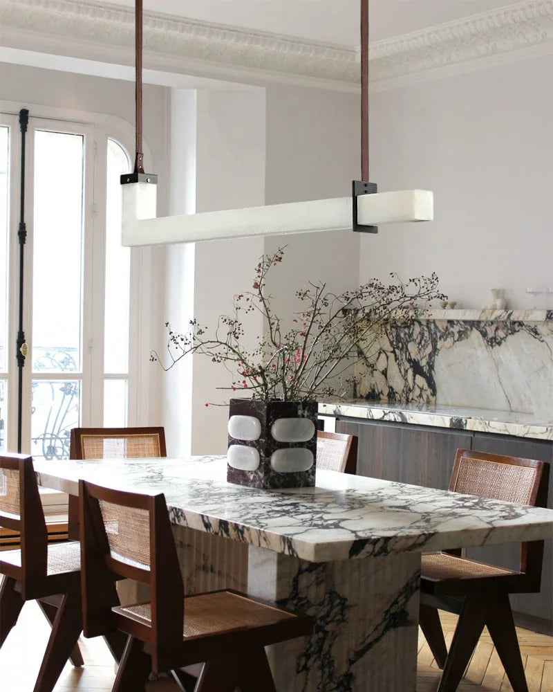 LightsStory Series Geometric Linear Pendant Light | Linear Natural Spanish Alabaster and Brown Leather, Matte Black finish for Kitchen Islands and Dining Rooms American chandelier