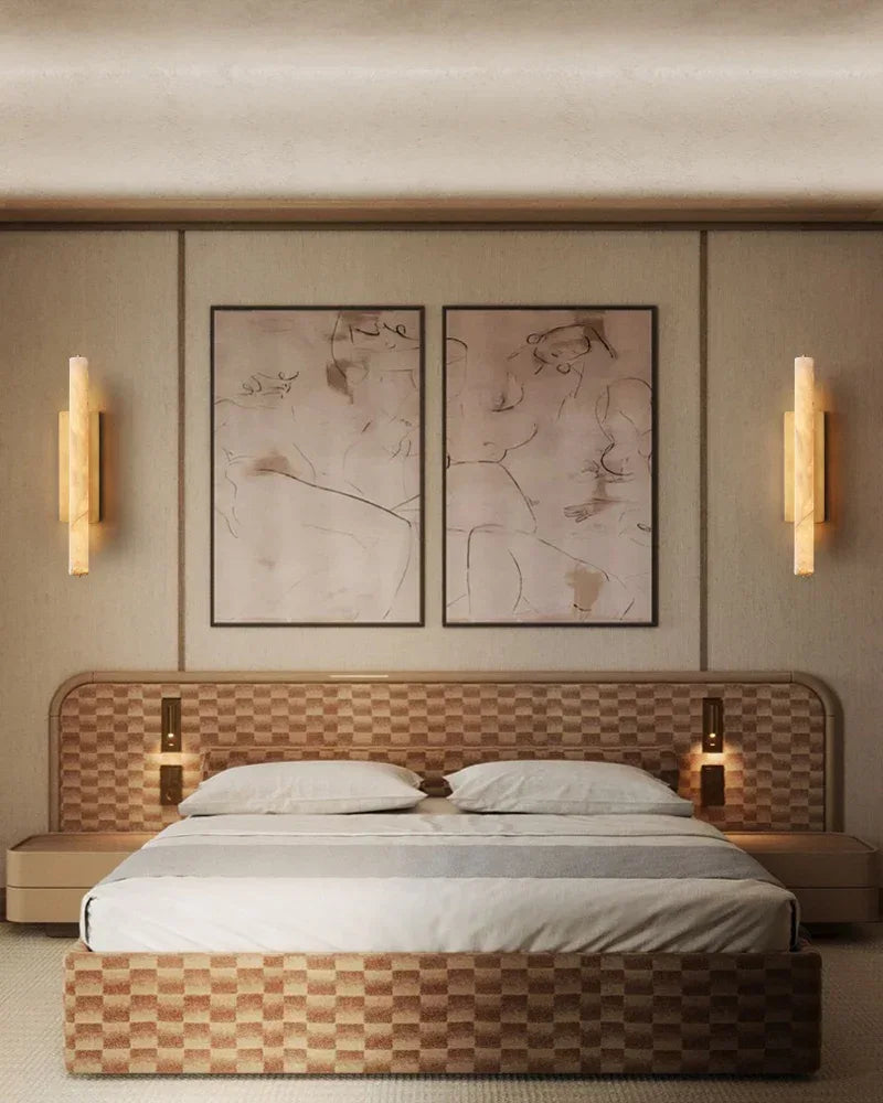 LightsStory Series Geometric Wall Sconce | Vertical Brass Lines Sleek Brass and Raw Veined Alabaster, Burnished Brass and Black finish for Modern Living Rooms and Hallways Flush Mounted Wall Sconce Lamp