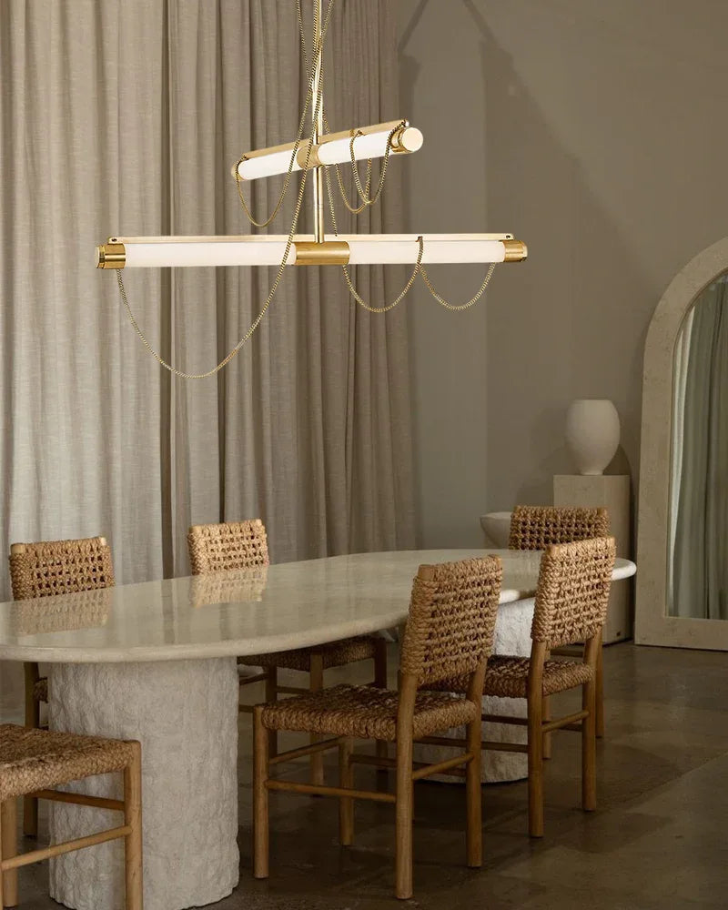 LED Tubular Alabaster Shades Ceiling Pendant Lamp 49" with long chains | Brass Vintage Simple Pendant Lamp