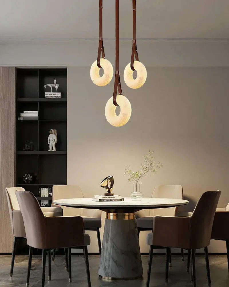 American Coastal LED Round White Marble Pendant Lighting with Brown Leather Belt American chandelier