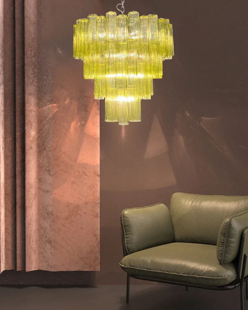 Large Vintage Green Murano Glass Tiered Chandelier in Silver & Gold Frame American chandelier