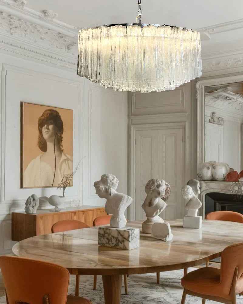 Cortina Series Cascading Chandelier | Multi-tiered Fluted Glass Handcrafted fluted clear Murano-inspired glass tubes, Satin Brass and Chrome for Grand entrances and dining rooms American chandelier