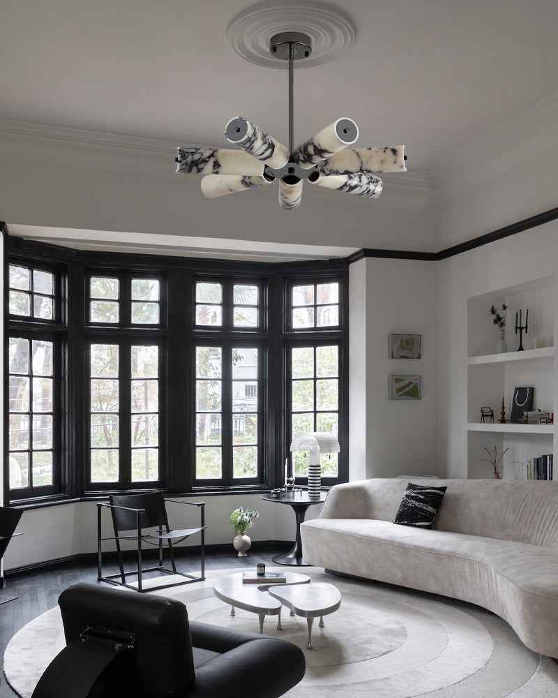 LightsStory Series Geometric Chandelier | Linear Genuine marble and hand-finished metal, Soft Black and Brass finish for Kitchen islands, dining areas, and executive spaces Luxury Modern Chandelier