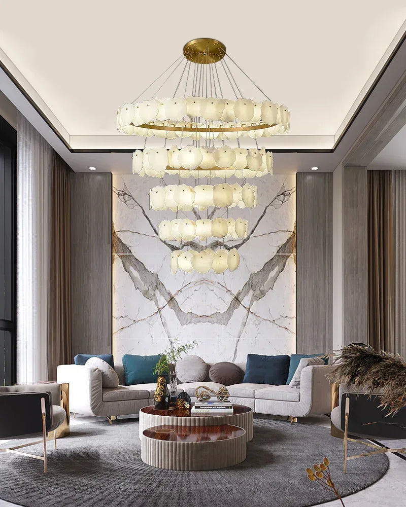 6-tiered Large stairwell chandeliers | irregular alabaster plate in disk ceiling with long cord American Vintage chandelier lamp