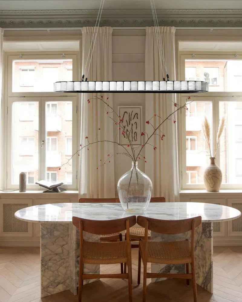 LightsStory Series Geometric Chandelier | Oval Hand-finished natural alabaster columns and sustainable marble detailing, Brushed Black and Gold framework for Entryways and luxury dining areas American chandelier