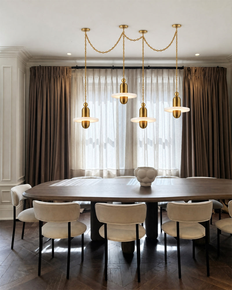 Alabaster Dual Tier Stacked Halo Disc Gold Cluster Pendant Light - Natural Spanish Alabaster, Lux Gold Trim - Living Rooms, Kitchen Islands & Dining Rooms