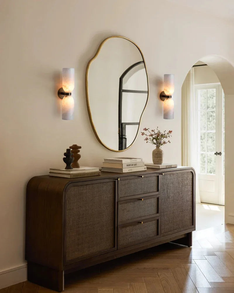 LightsStory Series Geometric Wall Lamp | Double Globe Handcrafted Natural Alabaster, Brass and Black Metal for Bedrooms, Hallways, and Dining Spaces Modern Art Design Wall Lamp