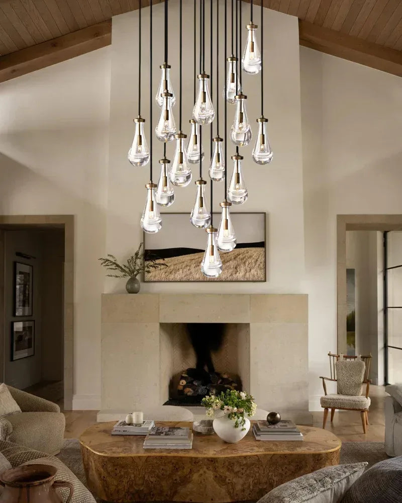 Aged Brass Floating Raindrop Hand Blown Crystal Linear Cluster Chandelier Wide 54" American chandelier