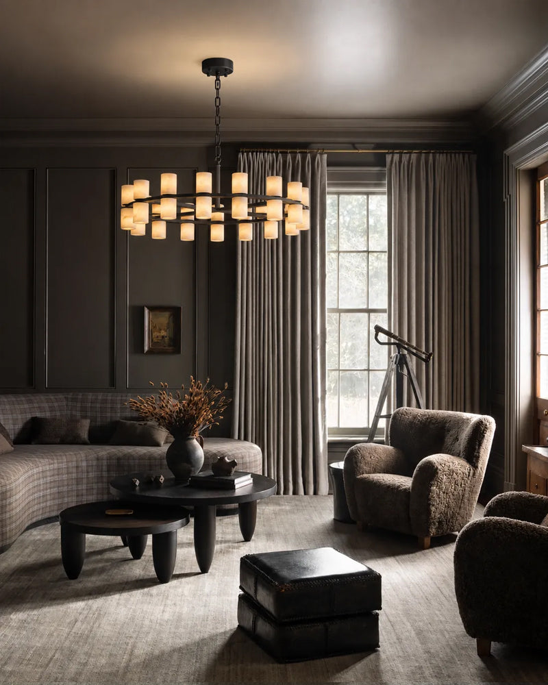 Alabaster Dual Candle Halo Ring Candelabra Chandelier- Natural Spanish Alabaster, Heritage Brass Trim - Living Rooms, Dining Rooms, Lobby, Stairwells