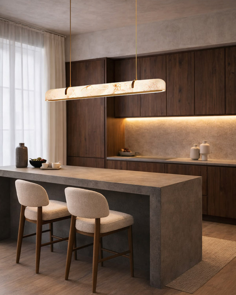 Alabaster Linear Capsule Chandelier - Natural Spanish Alabaster, Lux Gold Trim - Kitchen Islands & Dining Rooms