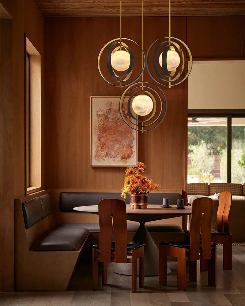 Modern Alabaster Round Chandelier Pearl - Gold & Bronze Rotatable Ring Highlight Finish Modern Pendant lamp