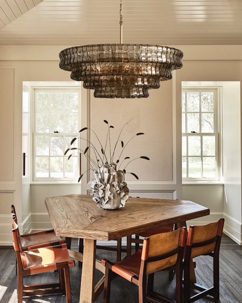 Ghiaccio Aluminum Chain E14 Tiered Round Chandelier 48" in Glass Transaparent /Smoke