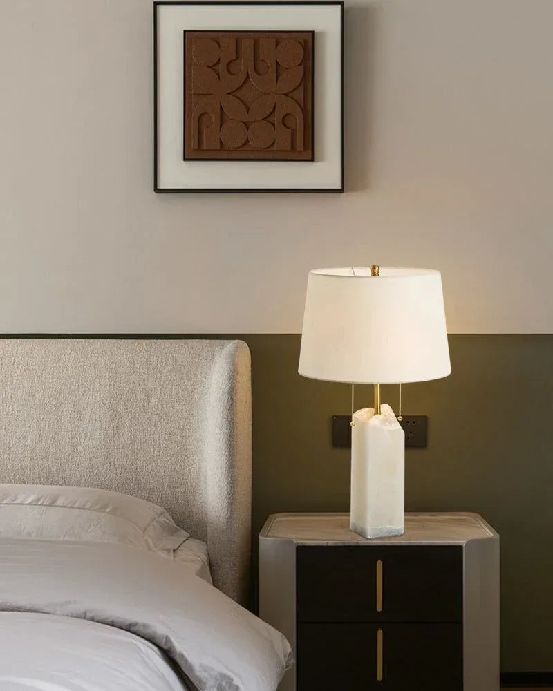Small White Alabaster Beside Table Lamp Brass with linen tapered shade Wide 15" Modern Table lamp