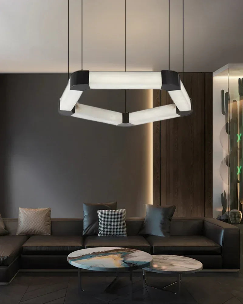 Ring lamps on string suspension in the form of pentagons made of Spanish marble and metal corners American Vintage chandelier lamp