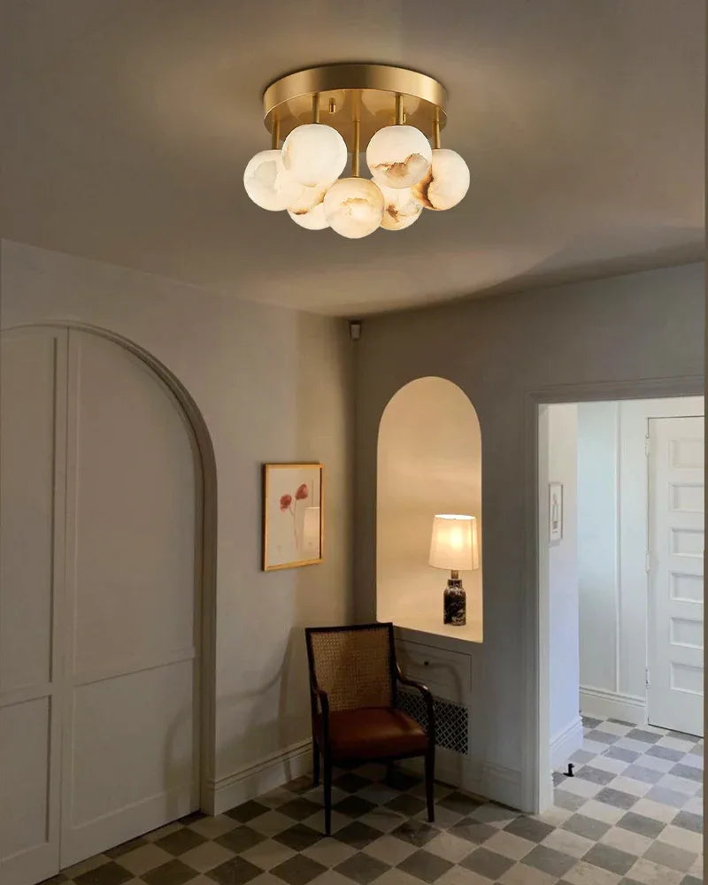 7/13/19-Light Soft Brass and Faux Alabaster Semi Flush Mount with Etched Opal Marble Shades Flush Mounted Ceiling Lamp