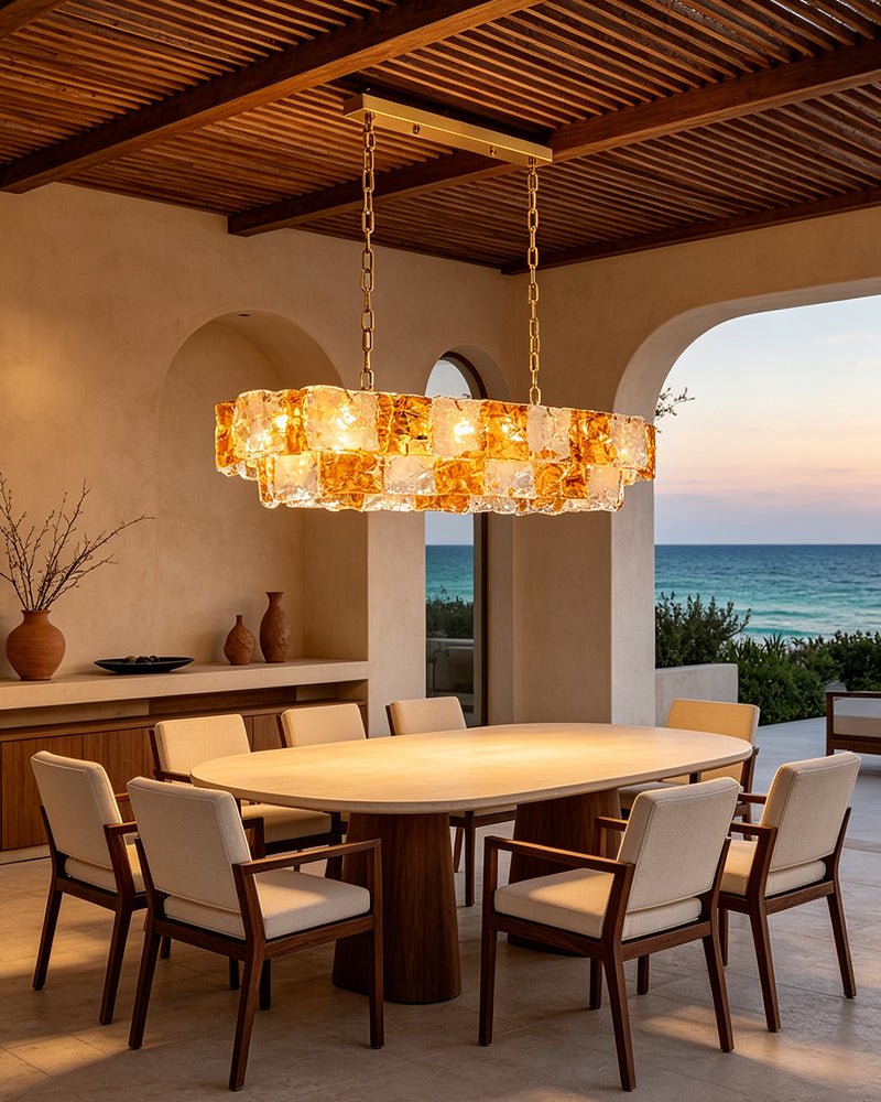 Chiara Murano Glass Contemporary White Amber Panel Linear Chandelier - Lux Gold Trim - Kitchen Islands & Dining Rooms