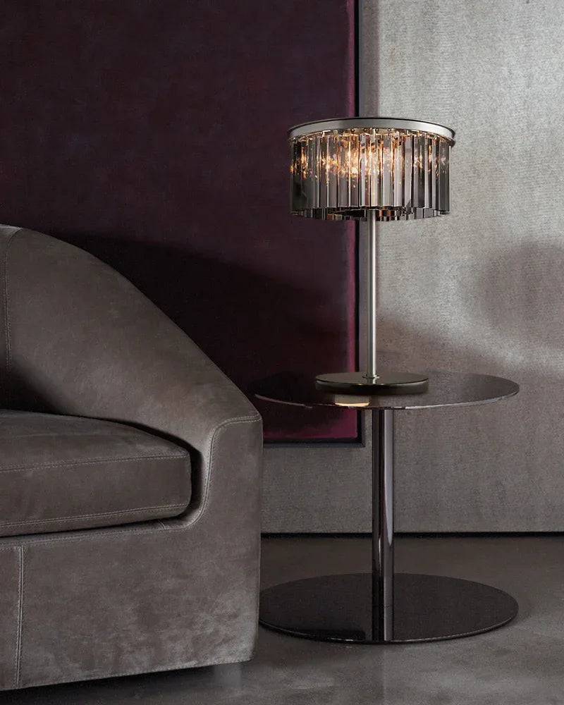 Simplicity Cylinder Shape 2-Tier Crystal Table Lamp in Black Metal with Clear/Smoke Glass Modern Table lamp