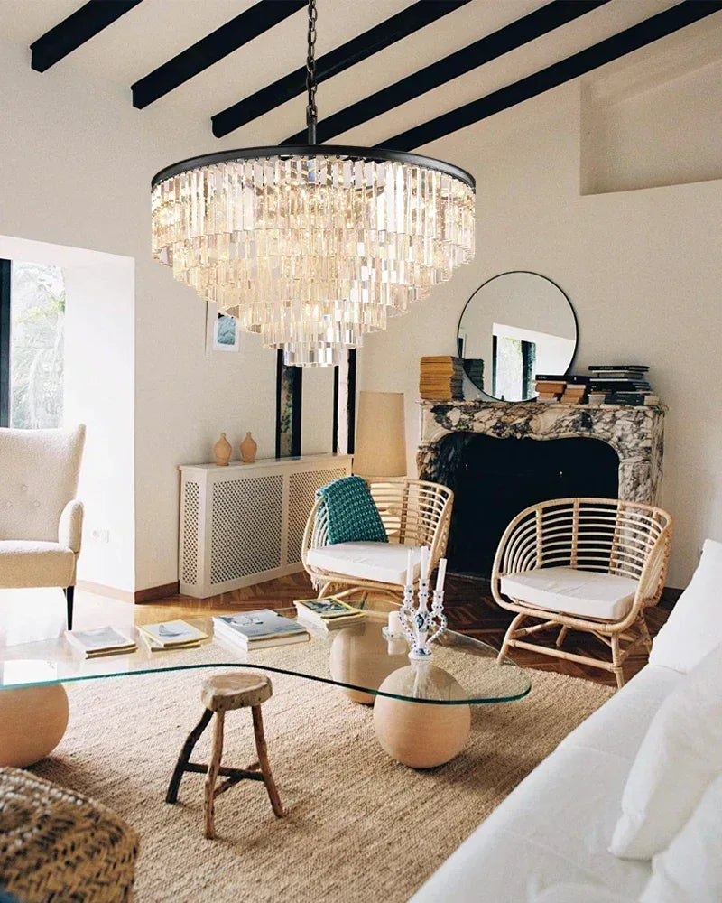 LightsStory Series Prismatic Chandelier | Five Tier Triangular Crystal Precision-cut clear triangular crystal rods and sturdy iron, Black iron finish for Grand Foyers and Dining Rooms American chandelier