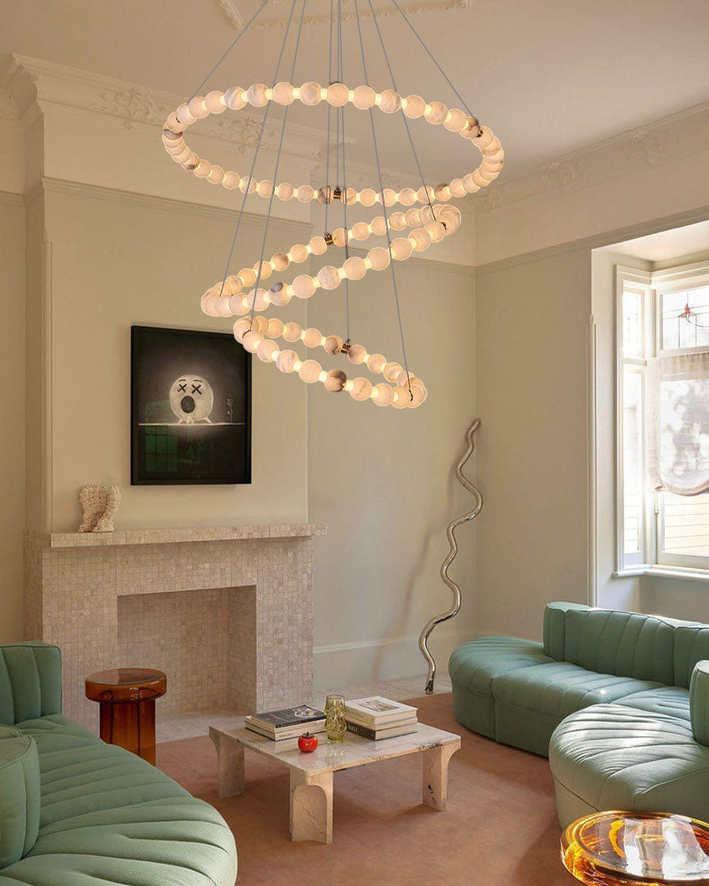 Luxury Ring Round Alabaster LED Chandelier in brass