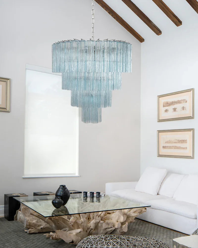 Elegant Murano Hand-blown Blue Glass Tube Multi-Tier Chandelier in Silver Frame American chandelier