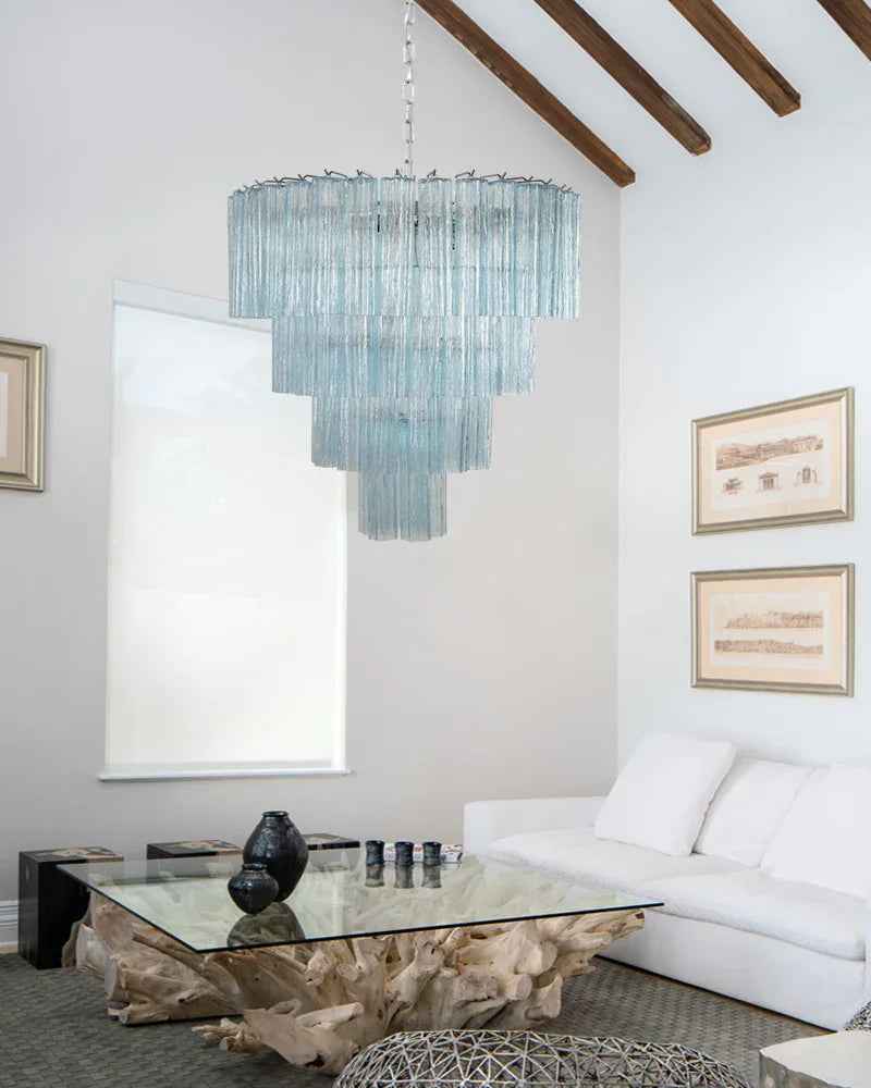 Cortina Series Cascading Chandelier | Multi-Tier Fluted Glass Handcrafted Fluted Murano-Inspired Blue Glass, Satin Brass for Grand Entrances and Dining Rooms American chandelier