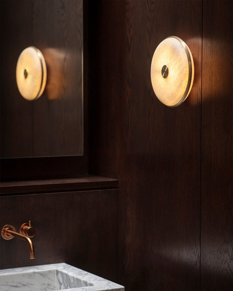 Lausanne Series Alabaster Wall Sconces | Nature Texture Round Sconces for Bathroom Bedroom Flush Mounted Wall Sconce Lamp