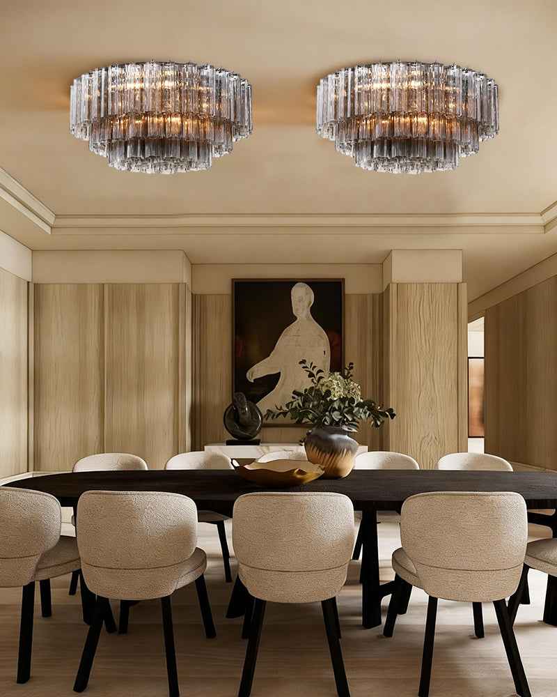 Cortina Series Ethereal Ceiling Lamp | Star-Shaped Hand-blown authentic Murano glass tubes, Aged Brass and Black framework with gold accents for Foyer Entrances and Living Areas Flush Mounted Ceiling Lamp