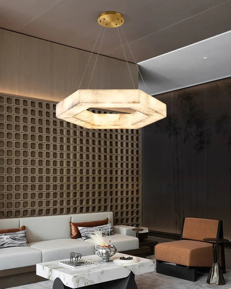 LED Hexagon Square Alabaster Pendant Lamp | Double/Triple Ring Design Vintage Simple Pendant Lamp