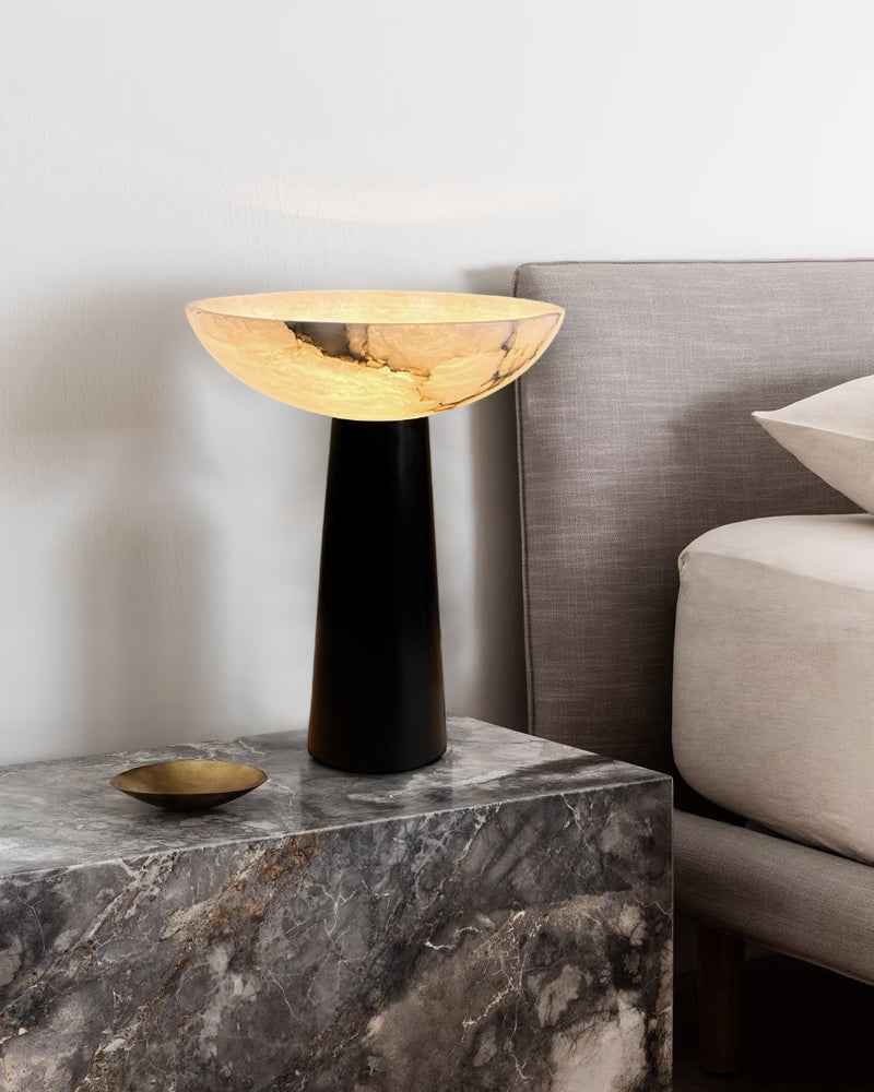 LightsStory Series Geometric Table Lamp | Conical Base Hand-polished Spanish alabaster bowl, Matte black finish for Bedrooms, living rooms, and entryways Modern Table lamp
