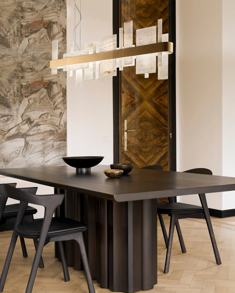 Alabaster Staggered Art Panel Oval Halo Linear Chandelier - Natural Spanish Alabaster, Lux Gold Trim - Kitchen Islands & Dining Rooms