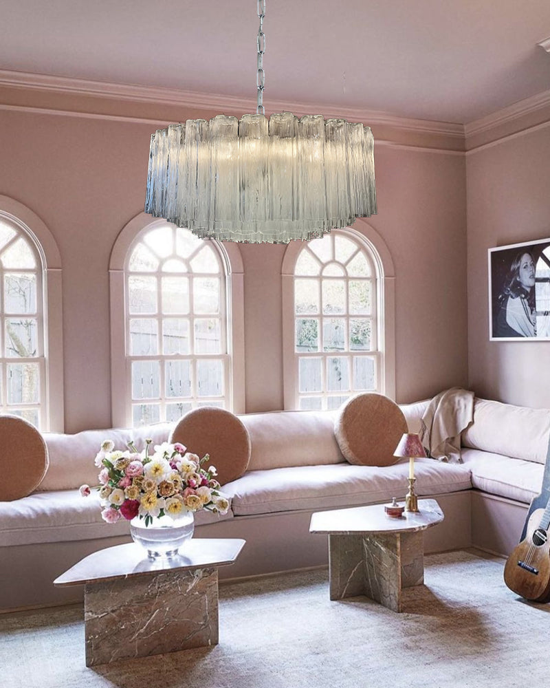 Classic Murano Transparent Glass Tube Chandelier Brushed Gold & Chrome Frame