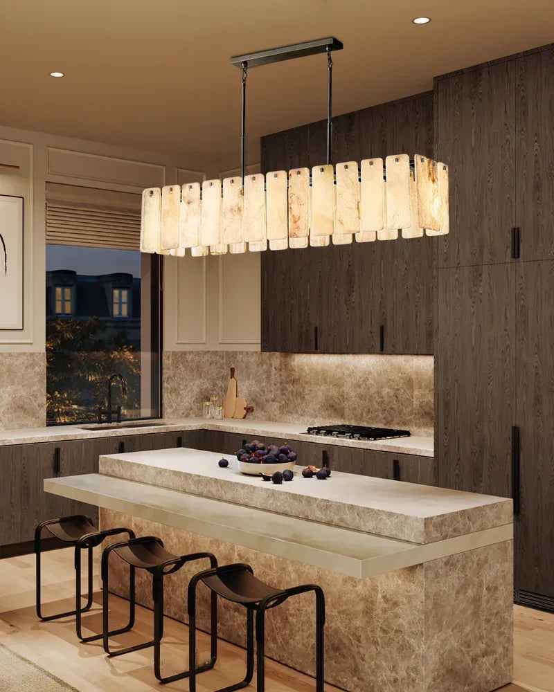 Lacquered Burnished Brass/Black Rectangular Calamette Alabaster Lighting Collection 59" 71" American chandelier