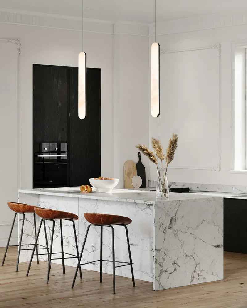 Cadiz Series Geometric Pendant Light | Elongated Cylinder Spanish Alabaster with slender metallic straps, Aged Brass and Antique Black finish for Kitchen Islands and Dining Areas Modern Pendant lamp