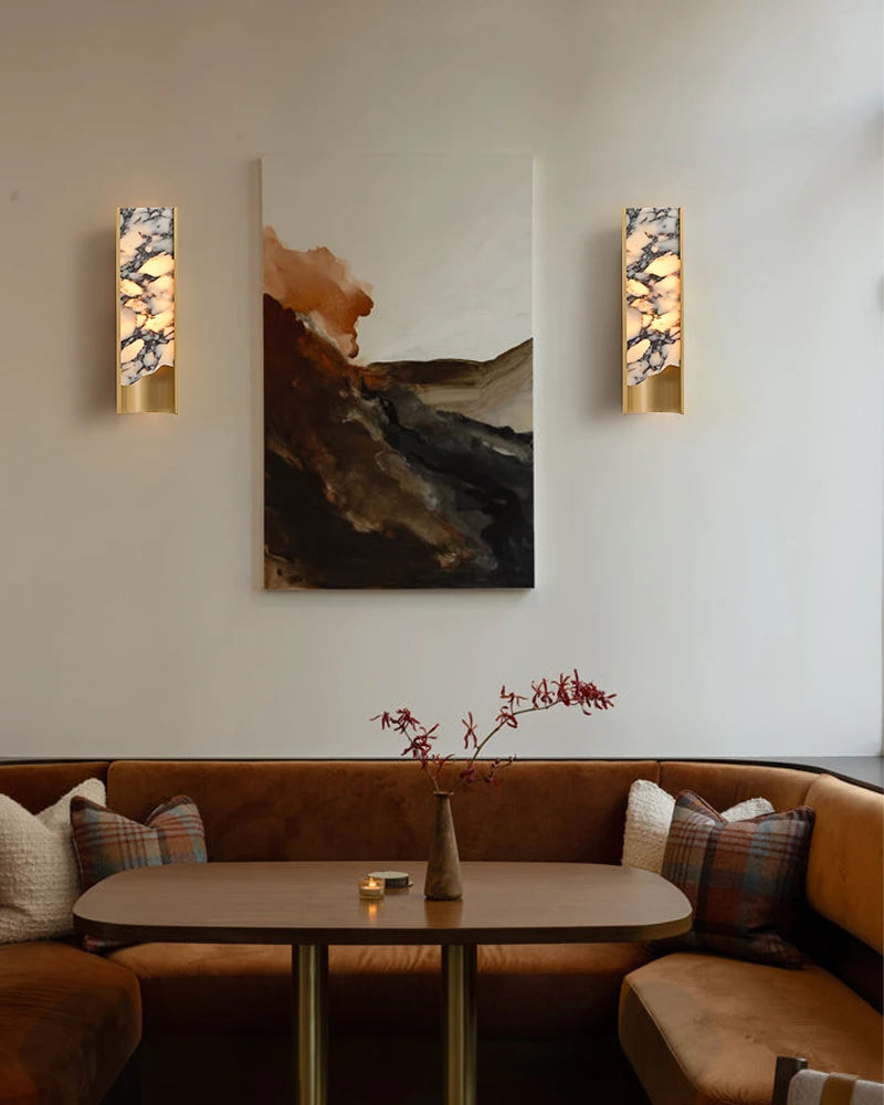 Lightsstory Series Alabaster Wall Sconces | Square Nature Stone Brass&Black Metal LED Wall Light Fixtures Flush Mounted Wall Sconce Lamp