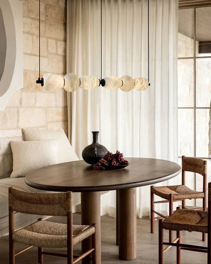 6-light Antique Brass String Hanging Light with Alabaster Stone Shade Modern Pendant lamp