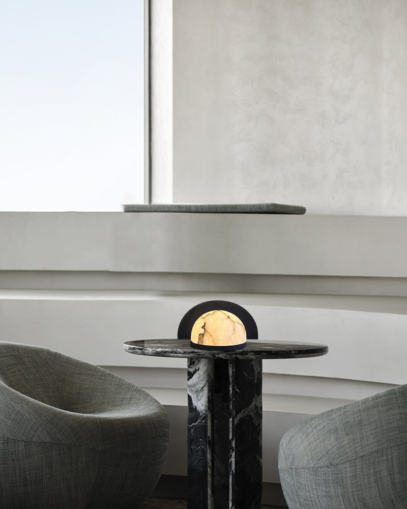 Eclipse Alabaster Sphere Table Lamp with Matte Black/Brass Shroud Modern Table lamp