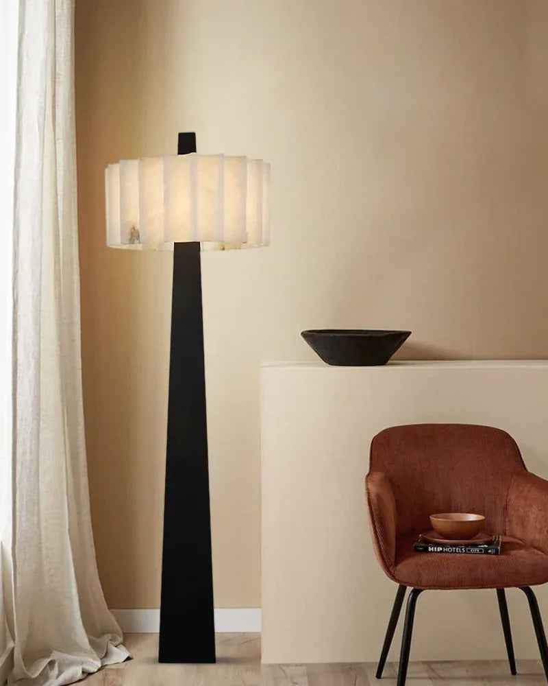 LightsStory Series Geometric Floor Lamp | Sculptural Minimalism Hand-Carved Spanish Nature Alabaster, Black Stainless Steel base for Living Rooms and Reading Nooks American standing floor lamp
