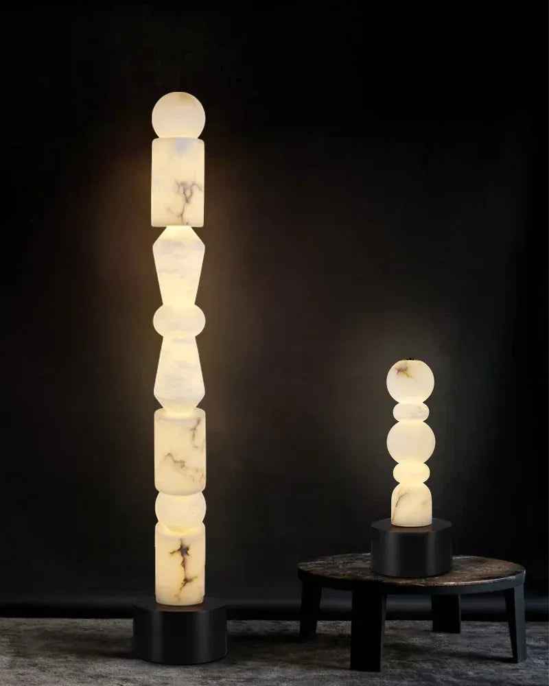 LightsStory Series Geometric Table Lamp | 5-Tier Hand-stacked White Alabaster and Black Marble Base, Natural Stone finish for Living rooms and bedrooms Modern Designer Floor Lamp