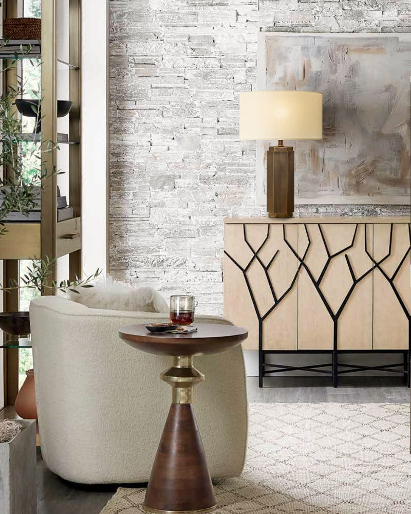 Hexagonal Column Table Lamp 5" in brass/black with fabric linen lampshade