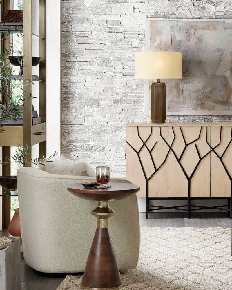 Hexagonal Column Table Lamp 5" in brass/black with fabric linen lampshade Vintage table lamp