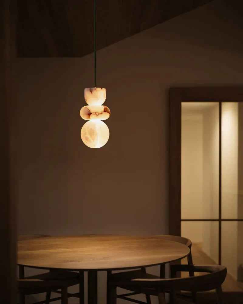 LightsStory Series Ethereal Pendant Light | Wide Round Shade Handcrafted Spanish Stone Warm White Alabaster, Modern Black Cord and Canopy for Bedside, Dining Nooks, and Entryways Modern Pendant lamp