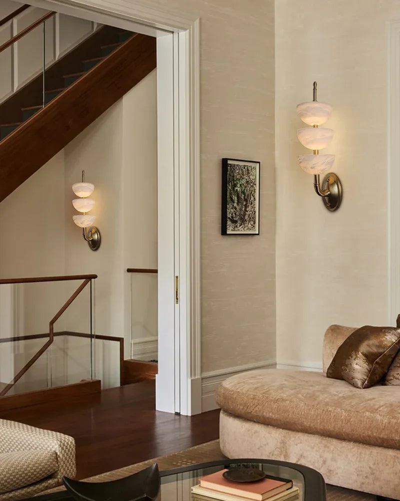 Modern Triple Alabaster Brass Stone Semi-Oval Wall Sconces 6in 15W Flush Mounted Wall Sconce Lamp
