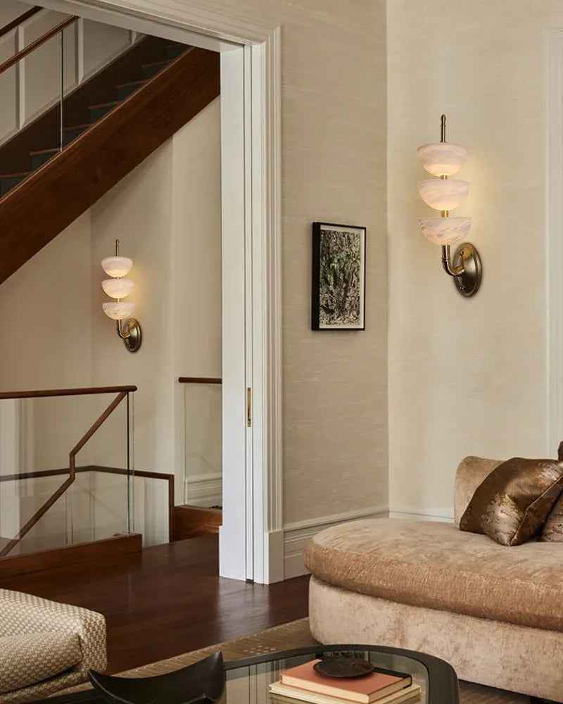 LightsStory Series Geometric Wall Sconce | Semi-Oval Natural marble and snowflake gypsum, Brass finish for Living rooms and bedrooms Flush Mounted Wall Sconce Lamp