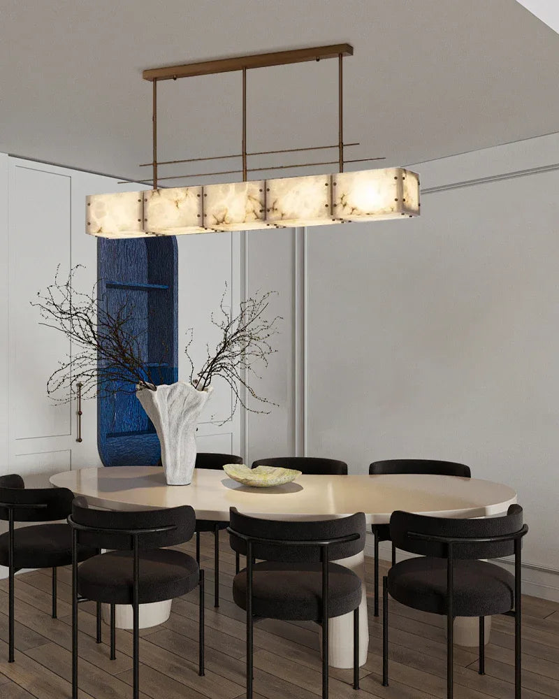 American Coastal Large Alabaster Rectangular Chandelier Lacured Brass Framework American Vintage chandelier lamp