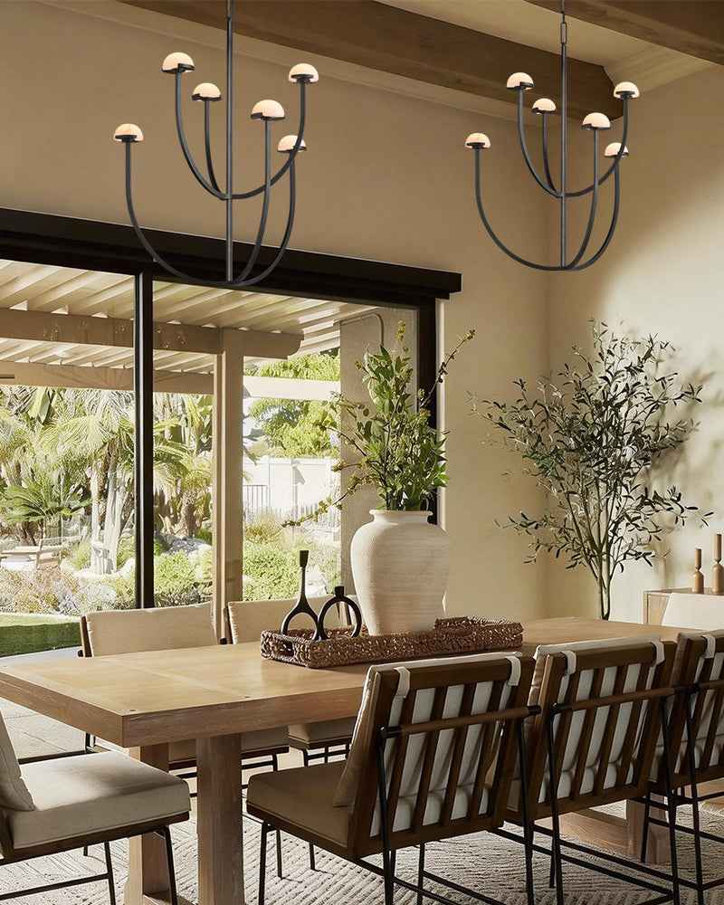 Comporta Series Geometric Chandelier | Two-Tier Hand-Carved Alabaster Domes with Burnished Brass and Black Metal, Antique Burnished Brass and Black Metal finish for Dining Rooms and Living Areas American chandelier